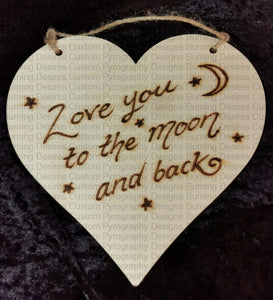 Hanging Heart LOVE YOU TO THE MOON AND BACK design PERSONALISED